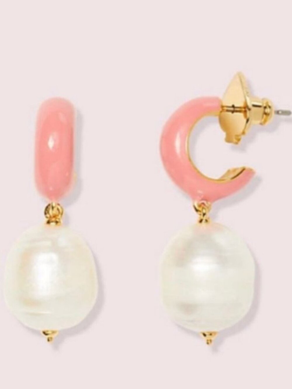 Kate Spade Pink Enamel Huggie Hoop Earrings with Freshwater Pearl Drop